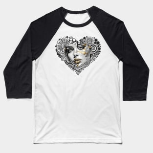 Golden Impasto Reflections: Abstract Portrait-- An artistic depiction of a striking girl's face in a close-up pencil sketch Baseball T-Shirt